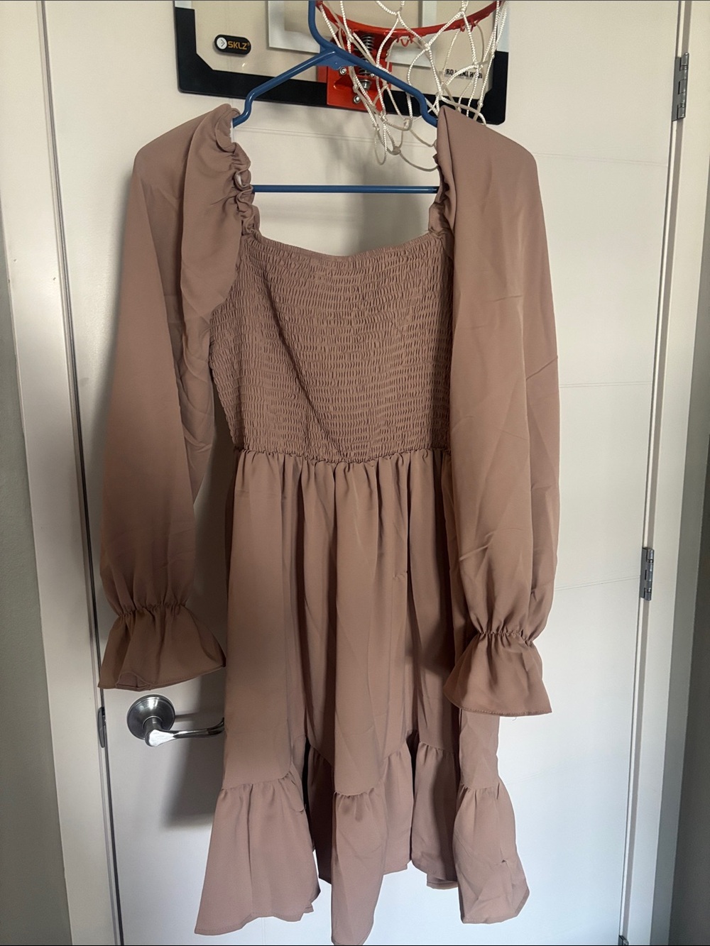Amazon Long Sleeve Smocked Bodice Midi Dress in Taupe